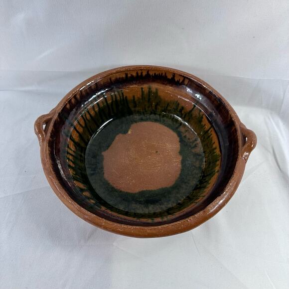 Vintage Handmade Drip Pottery Bowl With Handles Brown Green *Has Small Crack* - Picture 4 of 11